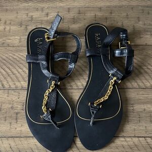 Lauren Ralph Lauren Black Leather T-Strap Sandals with Gold Chain Accent